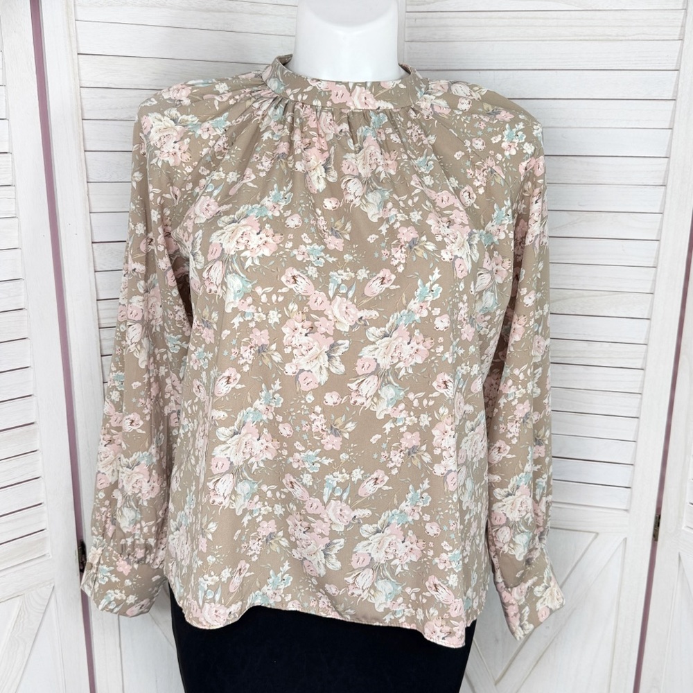 Cottagecore Floral Gathered Mock‎ Neck Pullover Blouse Tan Pink XL Long Sleeve